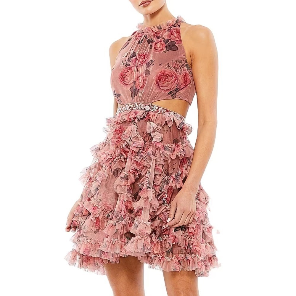 Mac Duggal Floral Ruffle Cutout Halter Neck Cocktail Dress Size 4 - Picture 3 of 7
